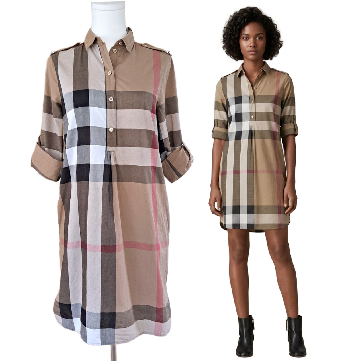 Burberry Kelsy Brown Check Dress Cotton Shirt Dress Size 2